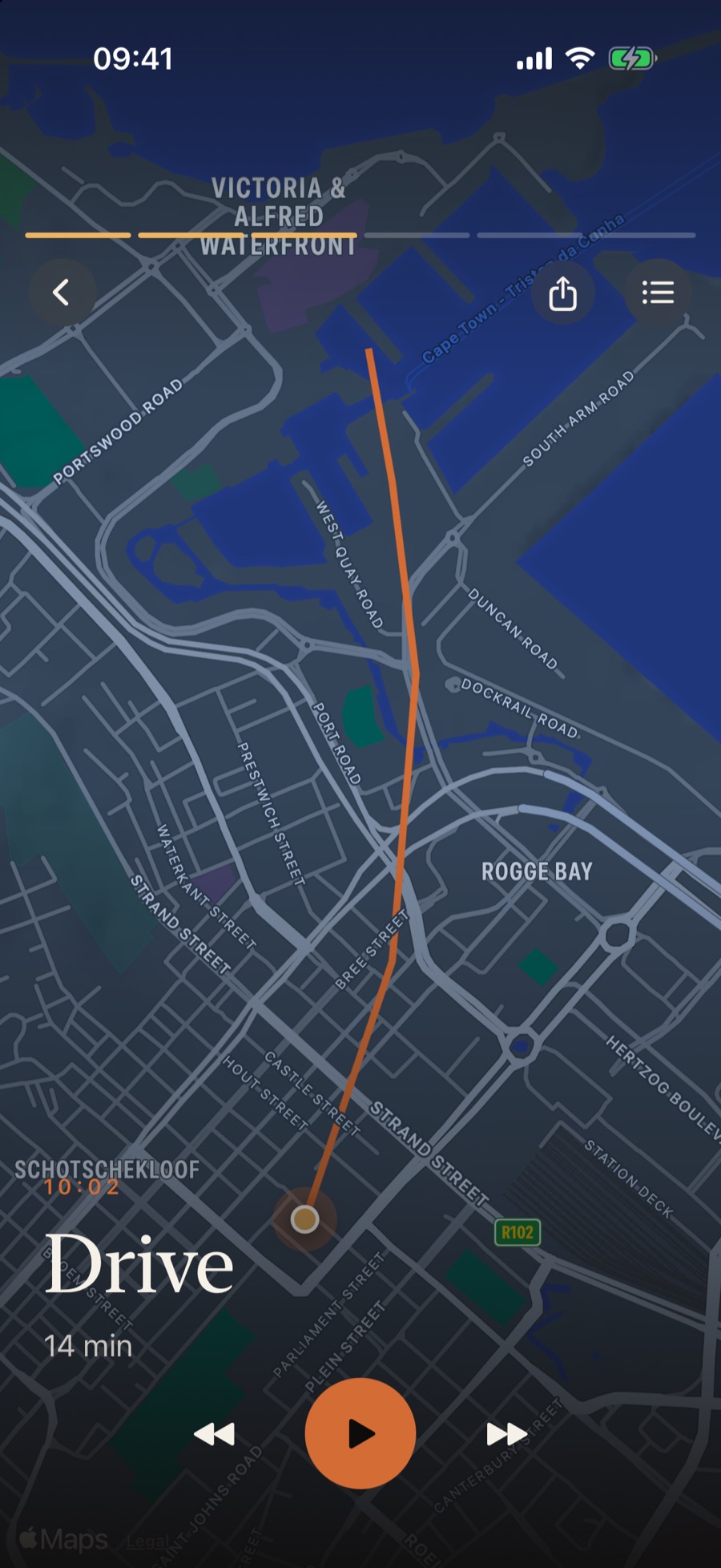Playback of a sample day, with the drive drawn across the city toward the water.